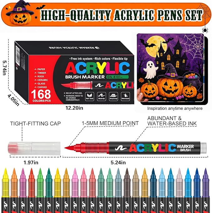 Amamao 168 Colors Soft Brush Tip Acrylic Paint Markers for Wood Rock Canvas