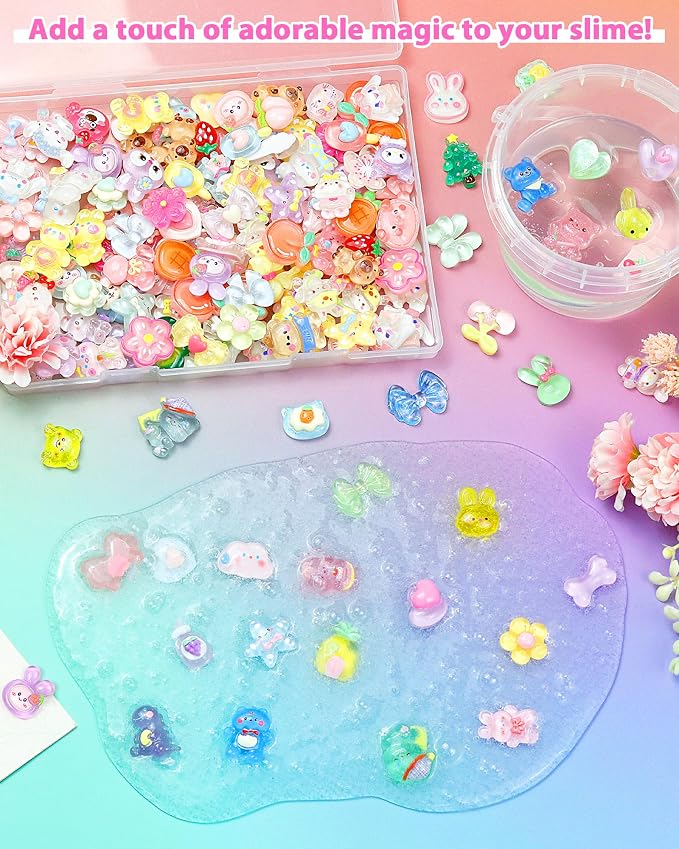 FIVEIZERO 100PCS Cute Slime Charms, Kawaii Flatback Resin Charms | 50+ Unique Designs, Glittery Finish, Easy to Glue, Lightweight and Durable, Perfect for DIY Decoration