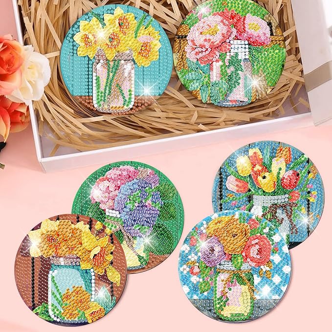 mrpwnle Diamond Art Coasters Kits, 8Pcs Flowers Diamond Painting Coasters