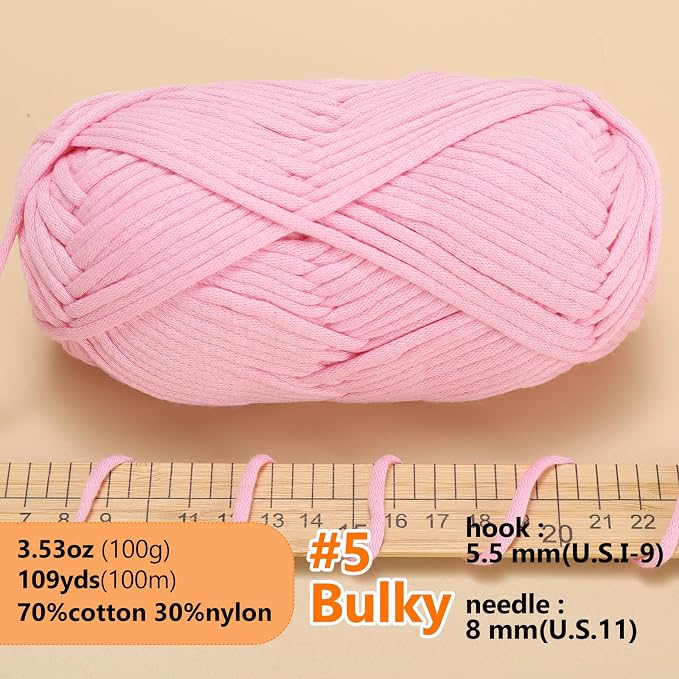 LUCKY BALL Yarn for Crocheting, 100g / 109 yd 70% Cotton 30% Nylon #5 Bulky Tube Yarn, Soft Crochet & Knitting Yarn for Bags, Hats, Socks, Sweaters, Blankets(Pink)