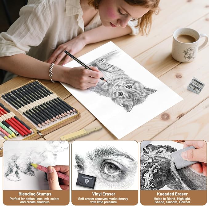 Heshengping, Sketching and Drawing Pencils Set 26pcs, Art Supplies Drawing pencil Kit,Graphite Charcoal Professional Pencils Set, Adults Beginners Artist