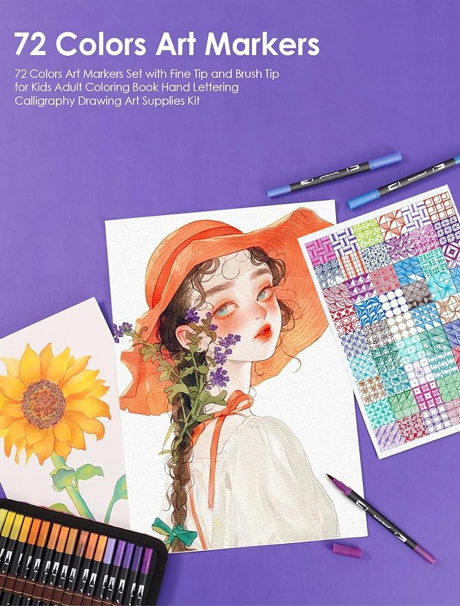 72 Colors Dual Tip Watercolor Markers Pens for School Supplies-Brush & Fine | Coloring Markers No Bleeding for Adult Coloring Books Calligraphy Card Making Sketching Journaling Note Taking Planner Travel