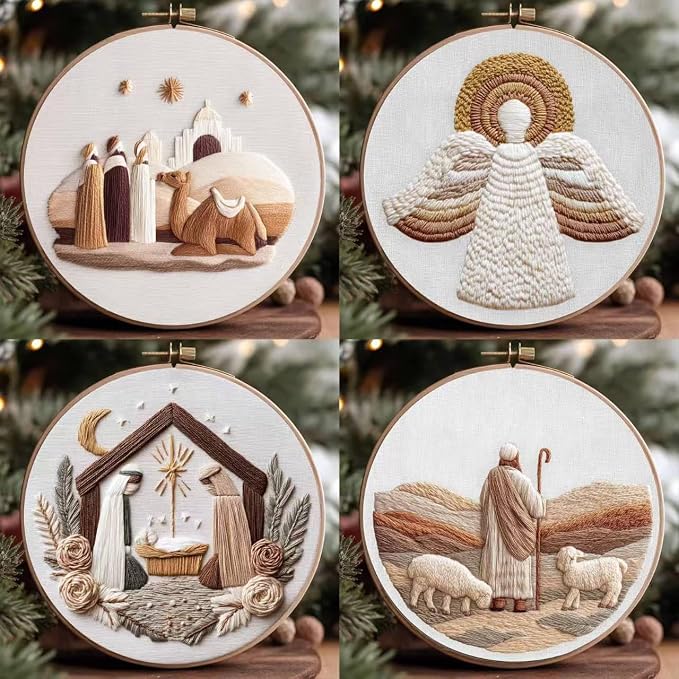 Nativity Embroidery Kit for Adults, Pre-Stamped Pattern Embroidery Kit for Beginners, Needlepoint Kit with Hoop Thread Needle Instruction, 7.9'' Hoop (Nativity 4 Packs)