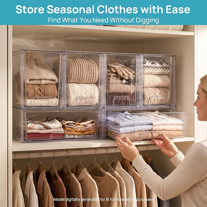 Vtopmart Clear Stackable Storage Drawers, 6 Pack Wide Tall Set