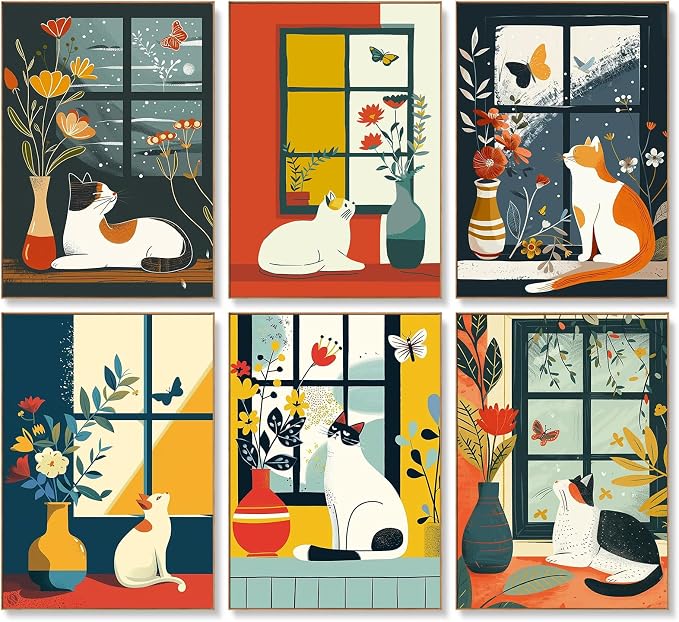 Offito 6 Pack Paint by Numbers Kit for Adults, Flowers Vase Cat, 10x14 Inch | Acrylic Number Painting Set, DIY Canvas Art Craft Kit, Beginner Friendly, Home Wall Decor, Stress Relief Relaxing Hobby Gift