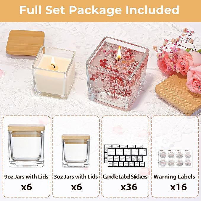 CONNOO 12 Pack 9oz & 3oz Clear Glass Square Candle Jars with Bamboo Lids