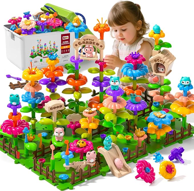 145 Pcs Toys for 3 Year Old Girl, Toddler Gardening Set Flower Garden Toy Girls Building Sets Best Educational Learning Fine DIY Crafts Stem Construction Stacking Kit for 3 4 5 6 7 Years Kids
