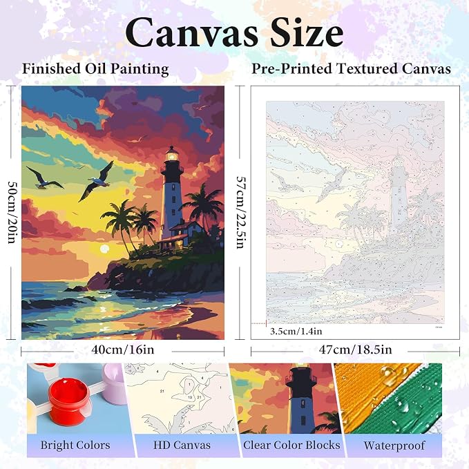 Paint by Numbers Kit for Adults, Lighthouse Number Painting Canvas Kit | DIY Acrylic Painting Set for Beginners, Stress Relief Relaxing Craft, Home Wall Decor, Holiday Gift for Adults, 16x20 Inch