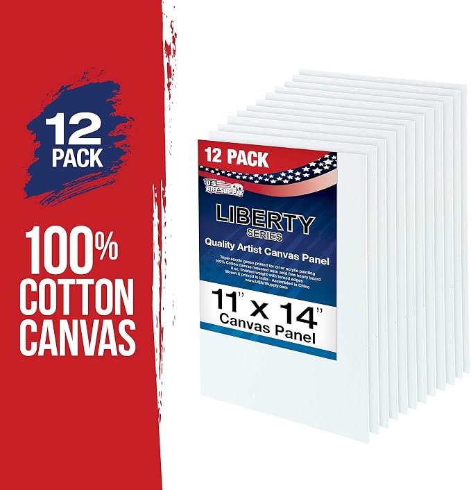 U.S. Art Supply 11 X 14 Inch Art Canvas Board Panels 12 Pack - 8 Ounce | Heavyweight Cotton Acid Free Canvases for Painting Acrylics and Watercolor (1 Case of 12 Single Canvas Painting Panels)
