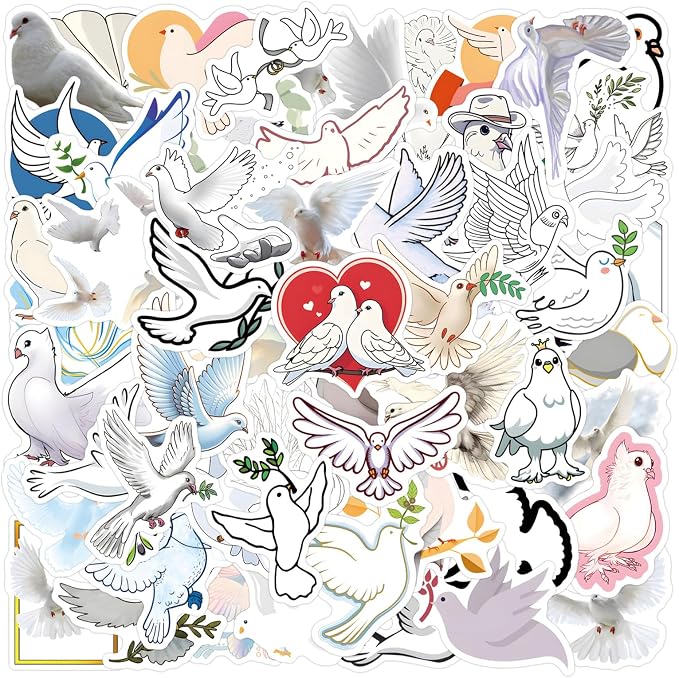 55PCS White Dove Stickers, Waterproof Vinyl Decals, Peace Bird Stickers for Water Bottles, Laptops, Scrapbooking (Dove)