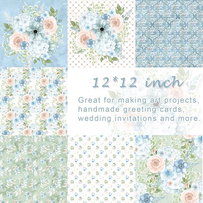 28 Sheets Scrapbook Paper, Floral Scrapbooking Specialty Papers 160gsm Cardmaking Craft Paper Pack Decorative Paper for Card Making (12"X12" Inch, Powder Blue Flowers)