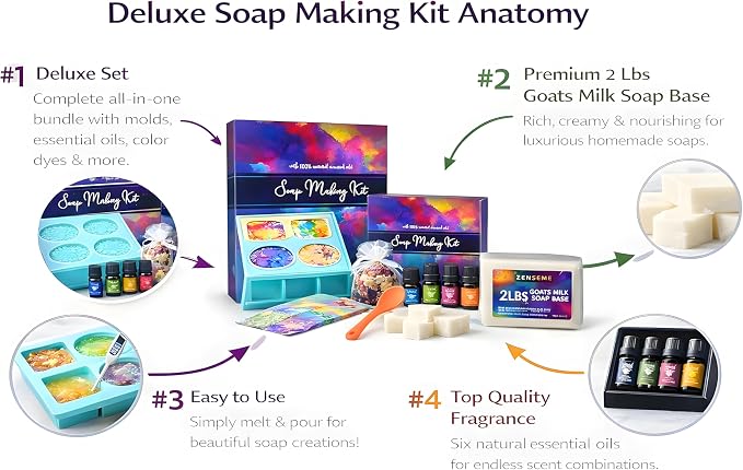 Soap Making Kit for Adults, Make Your Own Soap with Melt & Pour - DIY | Gentle soap supplies 6 Essential Oils Silicone Soap Mold Spoon Dried Flowers 1.5lbs Goats Milk Soap Base, 4 Dyes, Labels