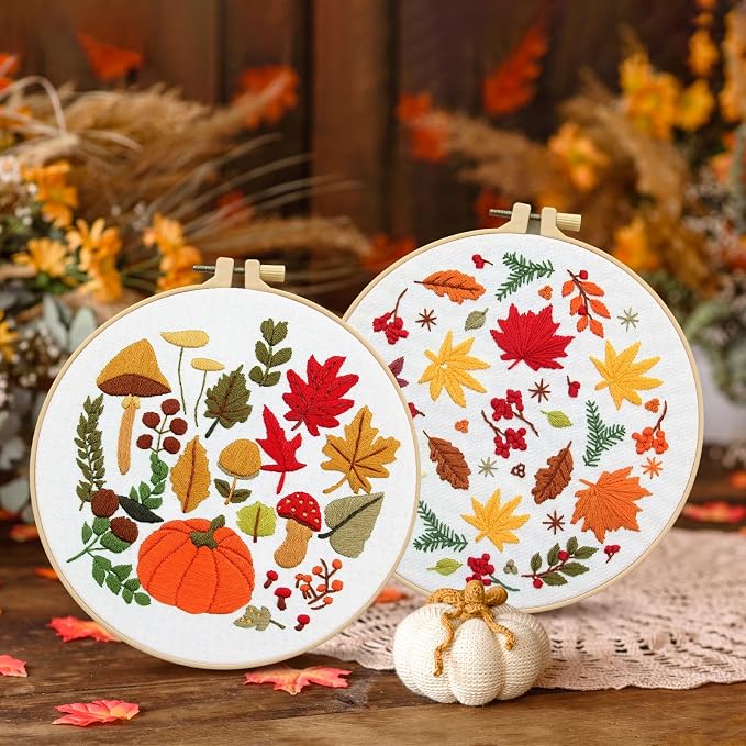 5 Sets Thanksgiving Fall Embroidery Kit for Beginners Adults Embroidery Starter Kit Mushroom Maple Leaf Cross Stitch Kits Embroiderys Needlepoint Kits Include Instruction 2 Hoops Color Threads Needles