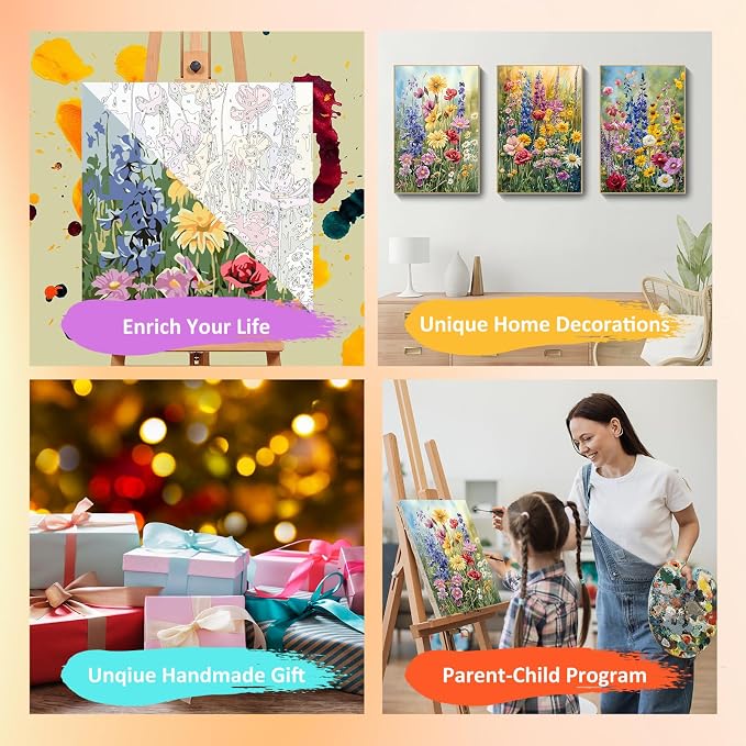 Mandun Wild Flowers Paint by Numbers Kit for Adults, 3 Pack, 7.8x11.8 inch | DIY Painting Kits Crafts for Adults, Relieve Stress, Frame Canvas, Wooden Easel, Gift Box, Home Wall Decor