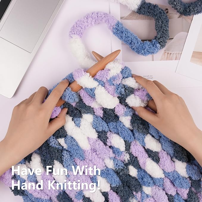 Cozyful Chunky Yarn for Hand Knitting - #10 Chunky Chenille Blanket Yarn, Jumbo Big Thick Chunky Yarns for Crocheting, Tie Dye Bulky Knit Yarns, 8 Skein (20 yds 8 oz Each Skein), Multi Blue&Purple