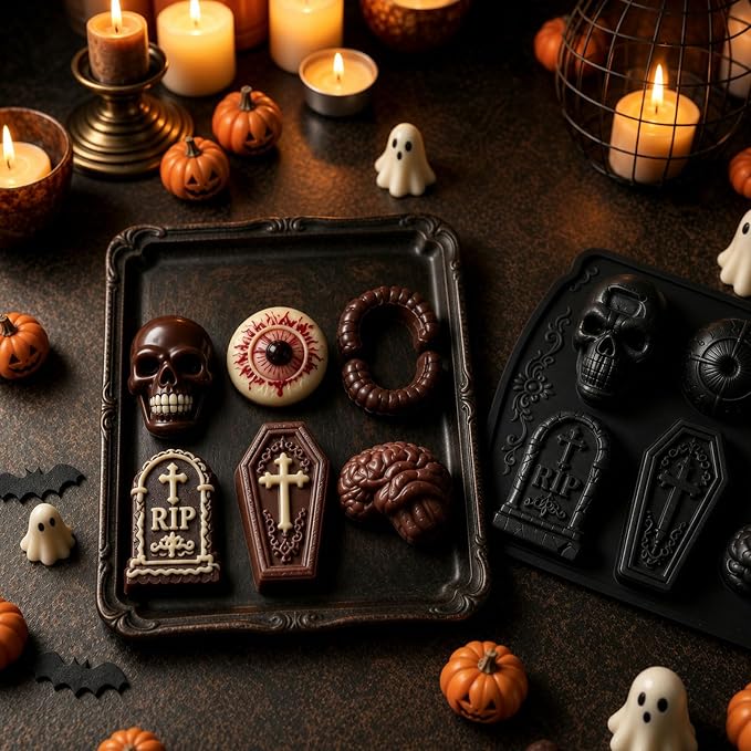 HKNMTT Skull Cake Pizza Pan 6 Spooky Shapes Halloween Silicone Baking Mold | Skull Eyeball Fangs Tombstone Coffin Brain Cake Mold for Pizza Chocolate Musse Soap Ice Cubes Non-Stick Food Grade