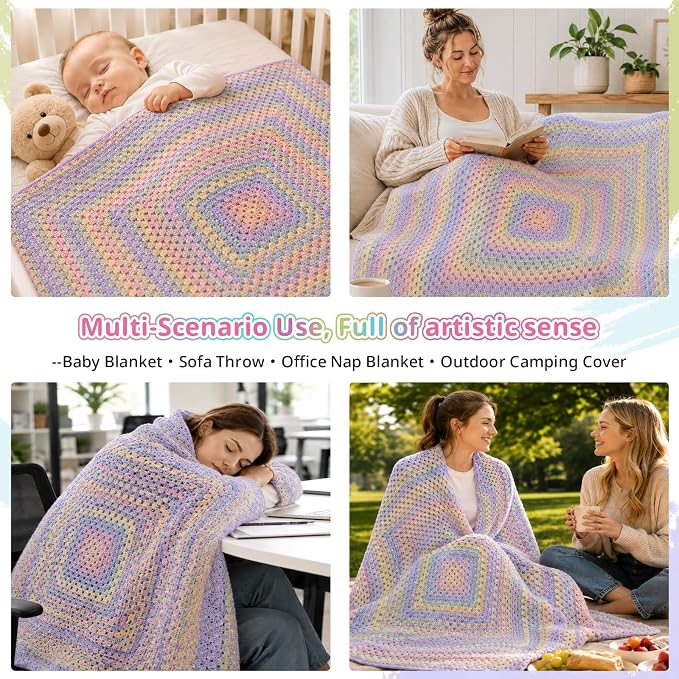 Coopay Crochet Kit for Beginners, Gradient Yarn Granny Square Blanket Kit