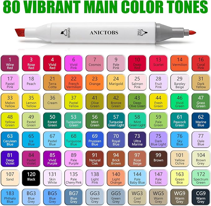 Alcohol Markers 80 Colors with Base Support, Drawing Art Markers Perfect for Students Kids and Adults Comics Sketching Illustration Artistic Creation Gift