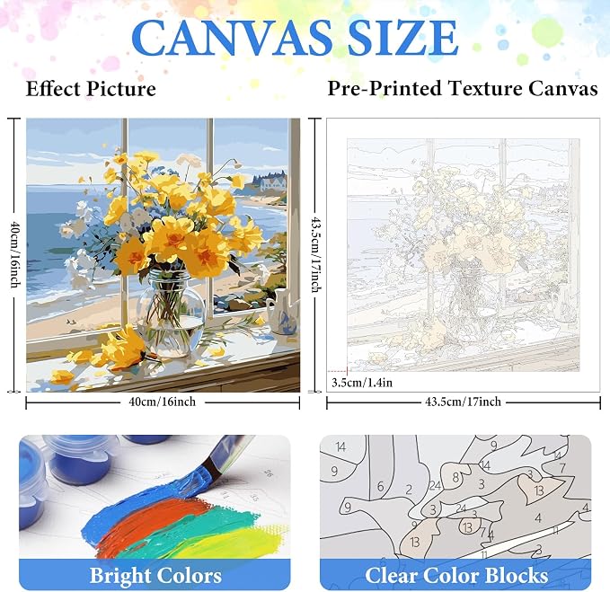 PRASIO Paint by Numbers Kit for Adults Beginner, Flowers Adult Paint by Number Kits on Canvas, DIY Acrylic Number Painting for Adults for Home Decor Gift 16x16 Inch
