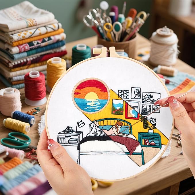 Embroidery Kits for Beginners Adults Sunrise Hand Embroidery Starter Kits, Cross Stitch Kits for Beginners DIY Craft Kits for Adults Women, Entire Set of Embroidery Supplies Full-length Video Tutorial