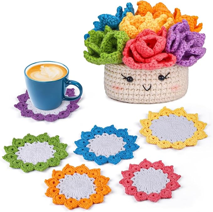 Hssugi Crochet Kit for Beginners 6PCS Potted Plant Coasters Crochet Kit | Crochet Starter Kit with Step-by-Step Video Tutorials, Crochet Hooks, Learn to Crochet Kits for Adult Beginners