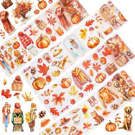 JarThenaAMCS 39.2 Ft Fall PET Washi Tape Autumn Orange Transparent Adhesive Masking Tape for Cut & Use as Thanksgiving People Stickers Scrapbook Journal DIY Crafts Wrapping,4 Rolls