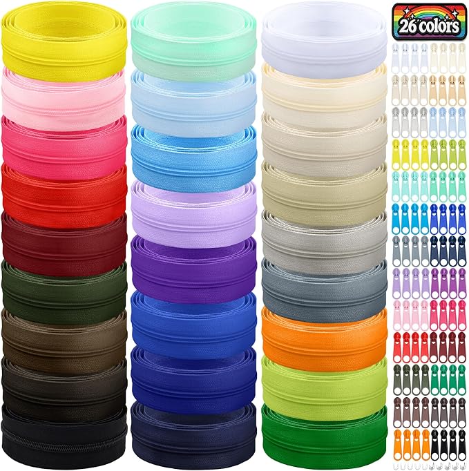 DOITEM 28.6 Yards 26 Pieces Sewing Zippers #3 Nylon Coil Zippers Assorted Zipper for Sewing with 104 Zipper Sliders for DIY Tailor Sewing Crafts Supplies, 26 Color