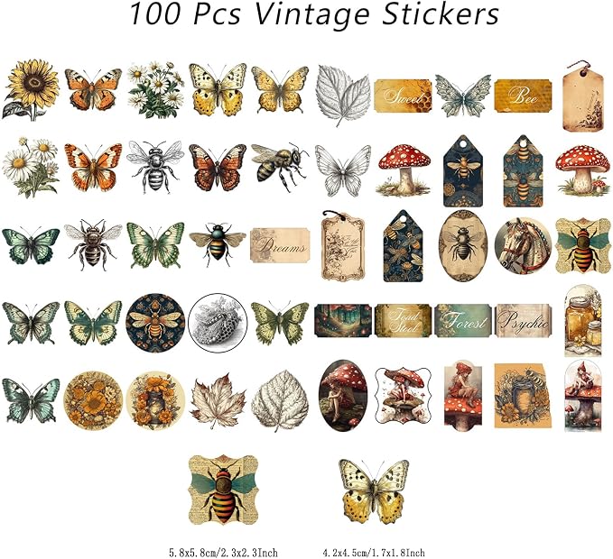 100 Pcs Vintage Insects Botany Forest Theme Vinyl Stickers