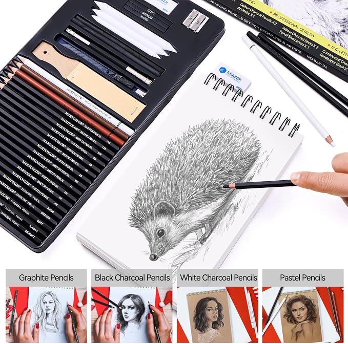 MARTCOLOR Drawing Sketching Pencils Set, 34 Pieces Graphite Pencil (14B-4H) | Pro Art Pencil Kit with Charcoal Pencils, Charcoal Sticks, Artist Pencils for Beginners & Pro Artists