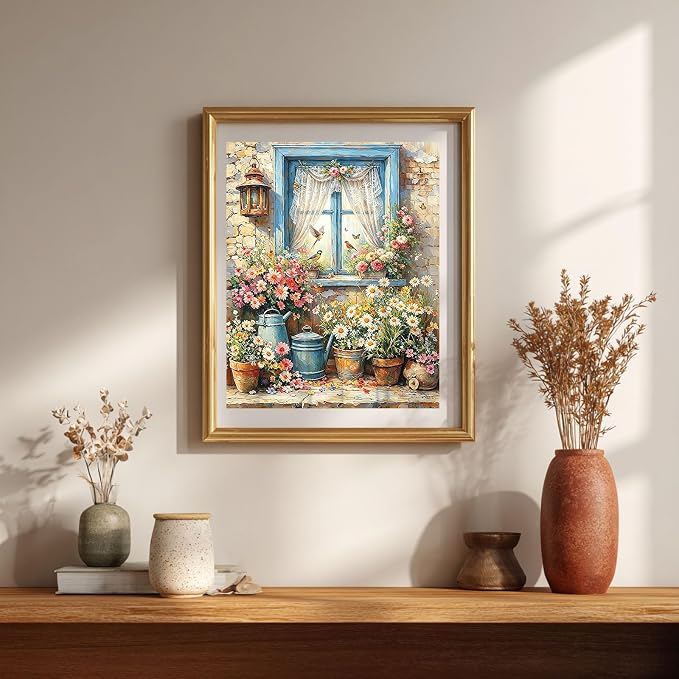 Gemozaic Rustic Paint by Numbers Kit for Adults - Farmhouse Cottage Window | Paint by Number for Adults Canvas, Vintage Flowers DIY Acrylic Numbers Painting, Home Wall Decor, Gift, 16x20 IN, Unframed