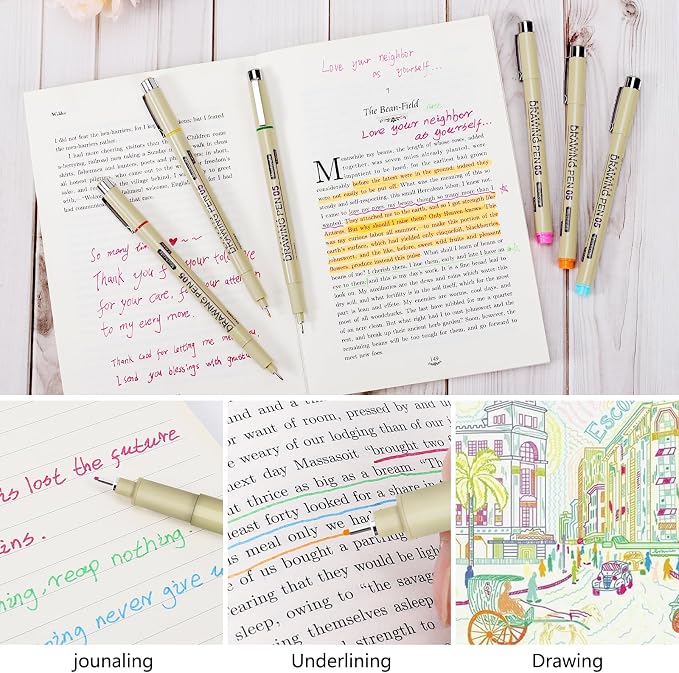 Muchcute 01 Micro Fineliner Drawing Art Pen,12 Colors 0.25mm No Bleed Bible | Waterproof Colored Fine liner Smooth Extra Fine Point, Journal Zentangle Study Supplies, Ultra Line Needle Tip Thin Gel Felt