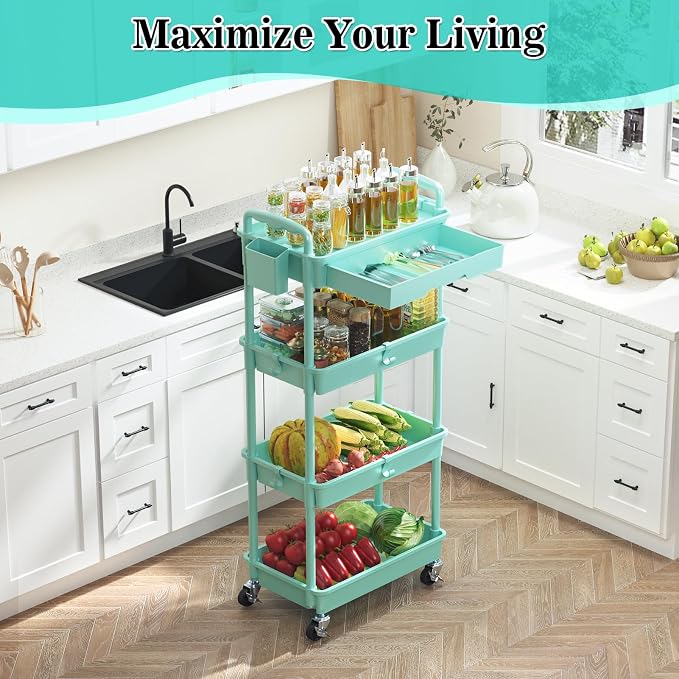 SUNALLY 4 Tier Rolling Cart with Drawer, Craft Storage Cart Organizer, Blue