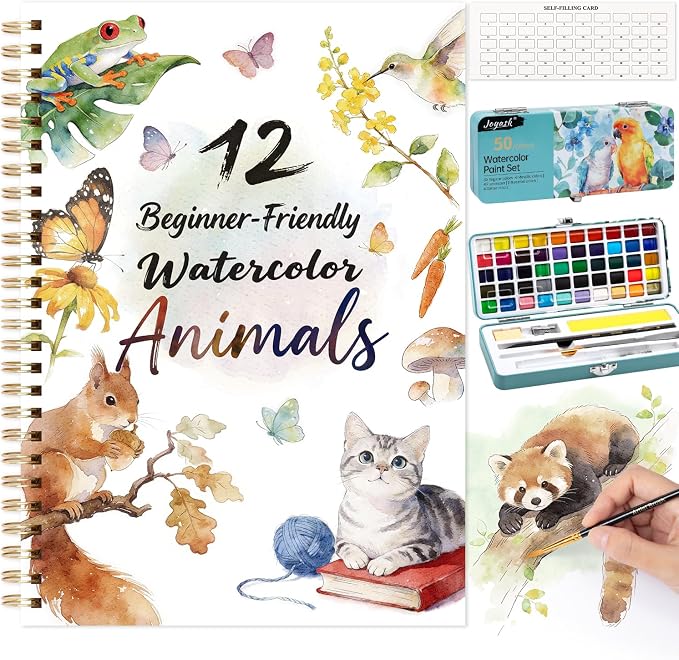 Watercolor Workbook with 12 Animal Patterns, 50 Colors Watercolor Paint Set | Water Coloring Book, Beginner-Friendly Watercolor Workbooks for Creative Exploration Gift for Adults