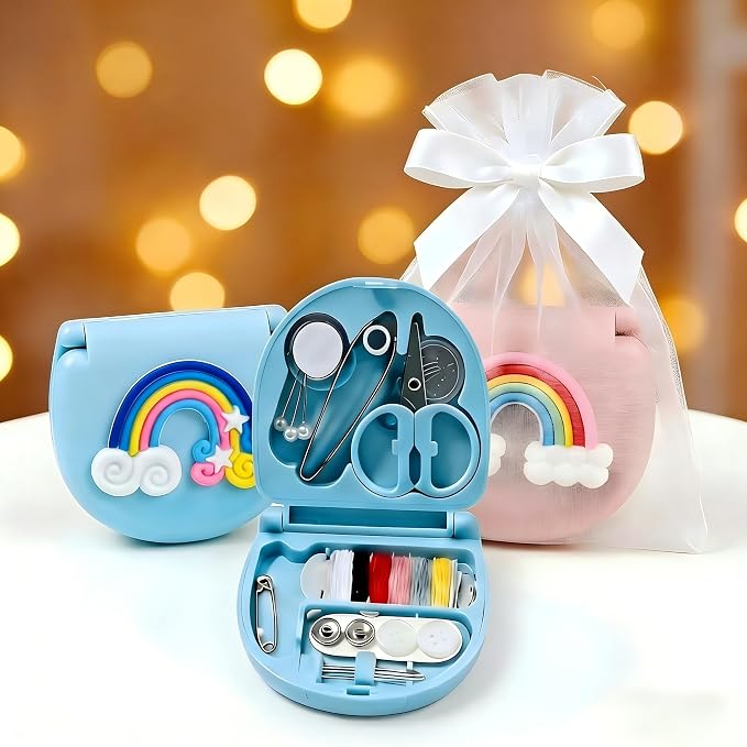 2 Pack Mini Travel Sewing Kit, Portable Emergency Sewing Box with Scissors, Needles, Threads, Compact Clothing Repair Set for Travel, Purse, Office, College Dorm (3D Rainbow Blue)