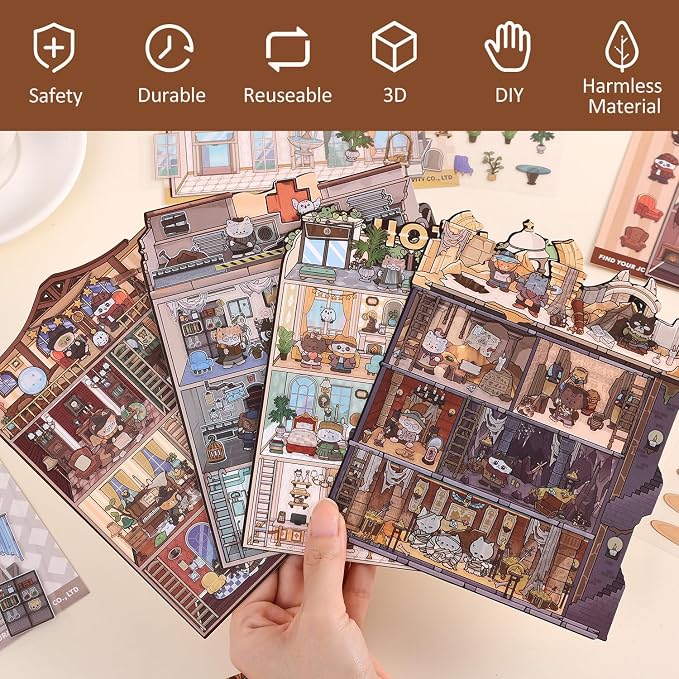 Girls 3D Miniature Scene Stickers, 4 Sets Magic Apprentice DIY House Stickers for Archaeological,Detective,Laboratory,Hotel,Cute 3D Cartoon Scene Stickers for Adult Kids Relief Stress Pass The Time