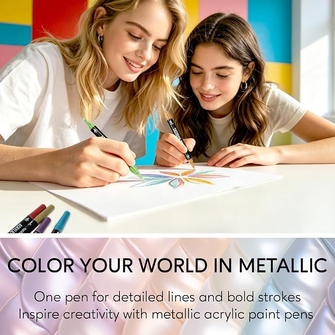 Pagather Metallic Acrylic Paint Markers, 24 Colors Dual Tip Pens Set | For Rocks, Fabric, Wood, Glass & More, Perfect for DIY Crafts and Creative Art Projects with Bright, Smooth and Quick-Dry Ink