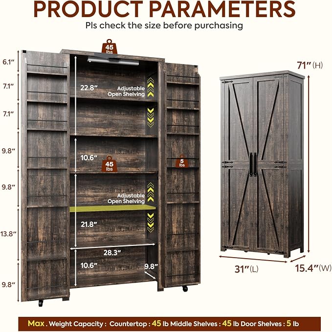 NEWOWNDS 72" H Craft Storage Cabinet with LED Lights | Adjustable Shelves Sewing Organizer, Multi-Purpose Sewing Cabinet for Craft Room/Home Office Storage,Brown