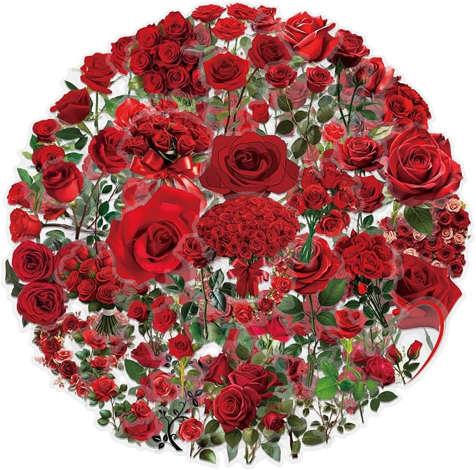 60 Pcs Red Rose PET Transparent Sticker | Self-Adhesive Scrapbooking Stickers Supplies Journal Stuffers for Card Making Letters DIY Water Bottles,Laptop,Guitar,Phone