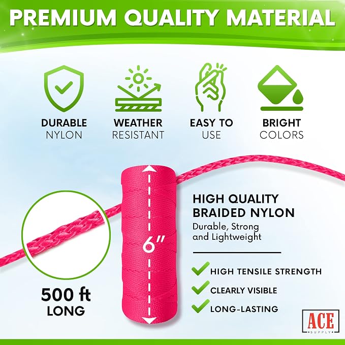 Pink Mason Line String Line - 144 Roll Pack - #18 Braided Nylon String - 250 Ft Length Per Roll - Nylon Twine for Gardening Or Masonry Tools - Perfect Construction String for A String Level
