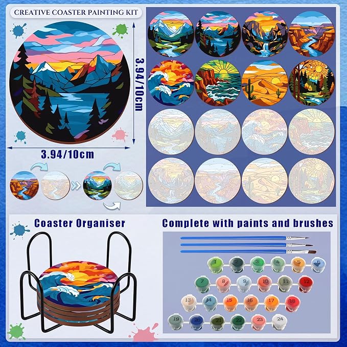 Reallnaive 8 Pcs Mountain Paint by Numbers Kit for Adults Wooden Coasters | Mini Landscape Paint by Numbers, Tiny Sunrise River Round Oil Painting Drink Coaster with Holder, for Small DIY Craft Gift