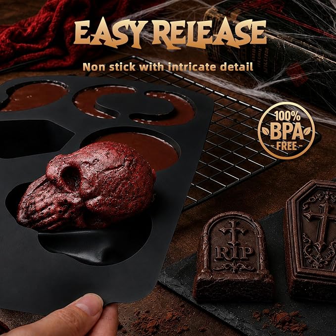 HKNMTT Skull Cake Pizza Pan 6 Spooky Shapes Halloween Silicone Baking Mold | Skull Eyeball Fangs Tombstone Coffin Brain Cake Mold for Pizza Chocolate Musse Soap Ice Cubes Non-Stick Food Grade