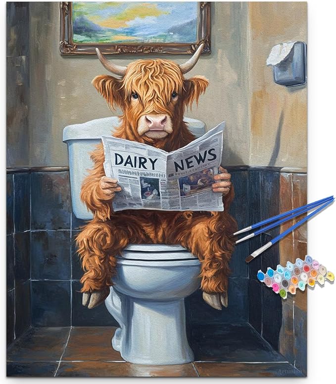 Artunion Cow Paint by Numbers Kit for Adults,Highland Cow Bathroom Paint by Number Kits, DIY Oil Painting Paint by Number Kits on Canvas Arts Craft for Home Wall Decor 16x20 Inch