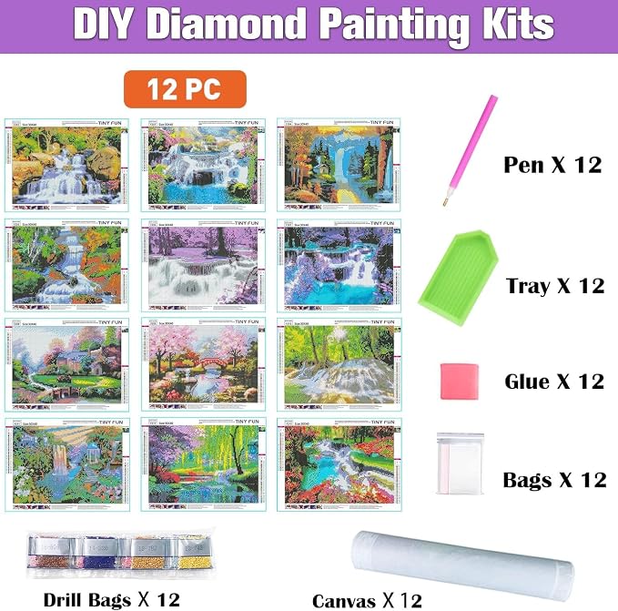 TINY FUN 12 Pack Diamond Art Kits for Adults & Beginners 5D Diamond Painting with Round Full Drill for Home Wall Decor Gift