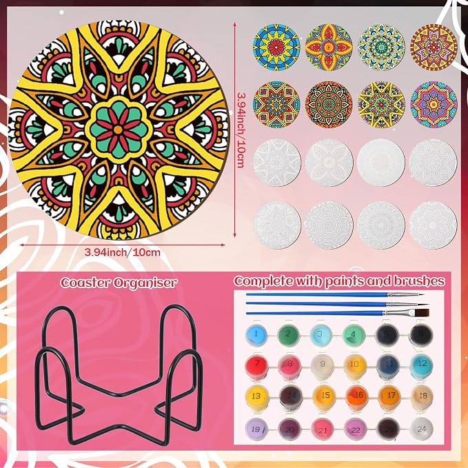 Reallnaive 8 Pcs Mandala Paint by Numbers Kit for Adults Wooden Coasters | Mini Floral Paint by Numbers, Tiny Flower Round Oil Painting Drink Coaster with Holder, for Small DIY Craft Birthday Gift