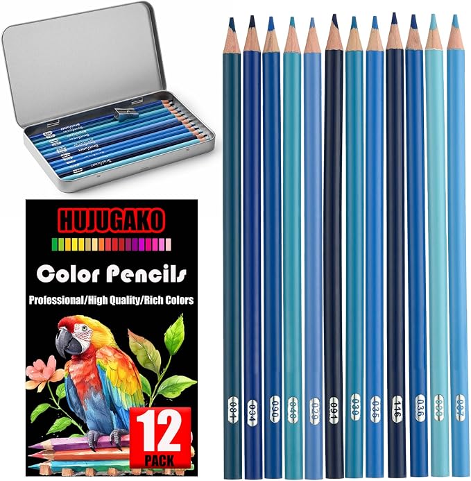 12 Blue Colored Pencils,Oil Based Colored Drawing Pencil Set for Adults Coloring Books Drawing Sketching Art