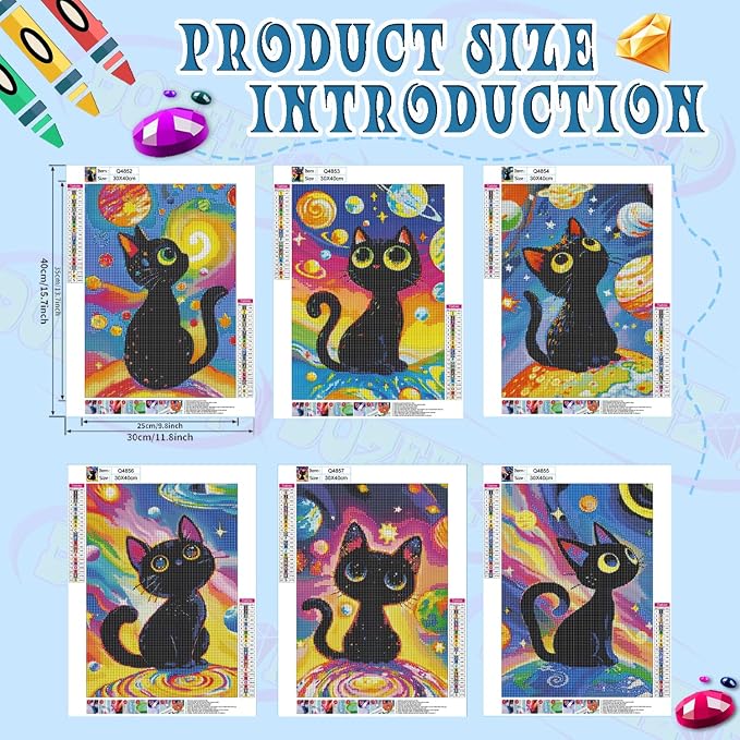 DOZEEZOP 6-Pack Diamond Art Kit for Adults, 5D Diamond Painting 12x16 Inch | Cat pictures, Full Round Drills, Home Wall & Shelf Decor, Beginner-Friendly DIY Craft, Stress Relief, All-Occasion Gift