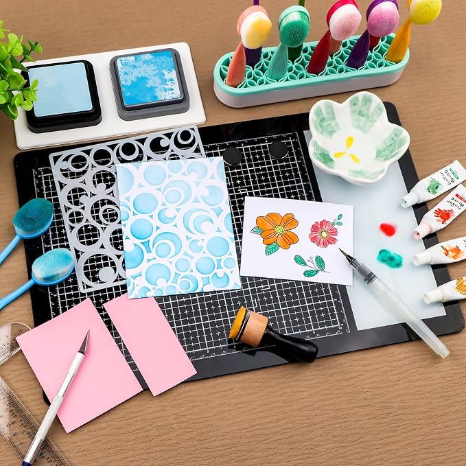 BAOFALI Magnetic Glass Craft Mat; 15.75"x10.24"Heat Resistant Glass Media Cutting Mat W/MagnetsGridlines and Measurements; for Cutting, Stamping, Mixed Media, Heat Embossing and Hot Glue Projects
