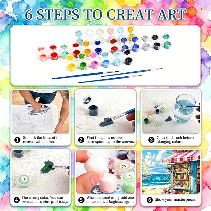 Bookstore Paint by Numbers for Adults, Paint by Number 16x20 inch | Seaside Paint by Numbers Kit for Adults, Summer Acrylic Painting by Numbers for Gift Home Wall Decor (without Frame)