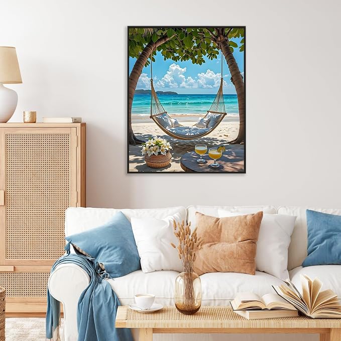 Paint by Numbers Kit for Adults, Hammock Beach Number Painting Canvas Kit | DIY Acrylic Painting Set for Beginners, Stress Relief Relaxing Craft, Home Wall Decor, Holiday Gift for Adults, 16x20 Inch