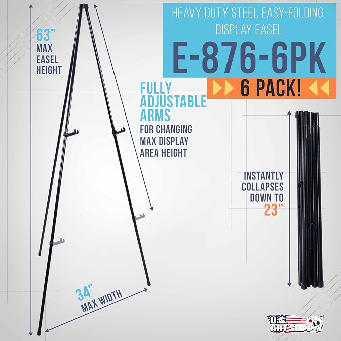U.S. Art Supply 63" High Heavy Duty Metal Folding Display Easel, 6-Pack